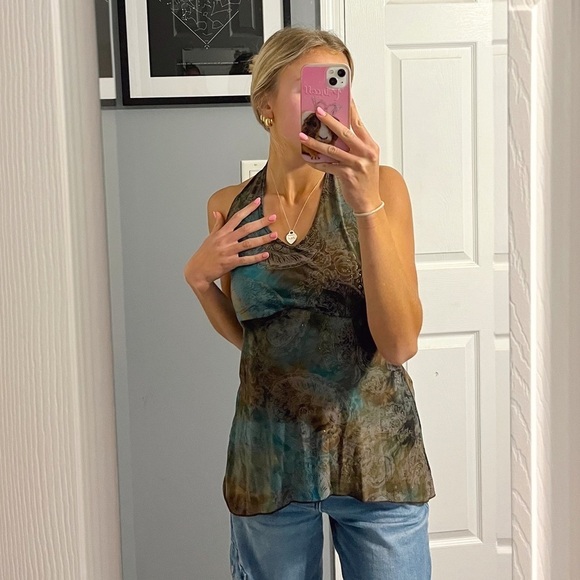 Y2K Blue & Brown Pattern Halter Tank - Picture 1 of 5